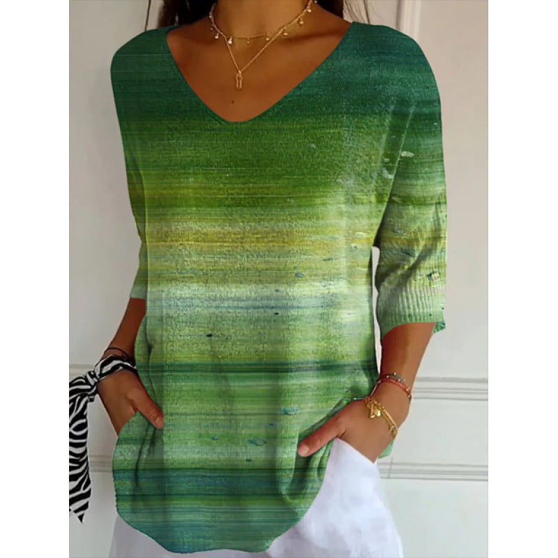 New 3D Printed Women's European And American Fashion Floral V-neck Shirt Top