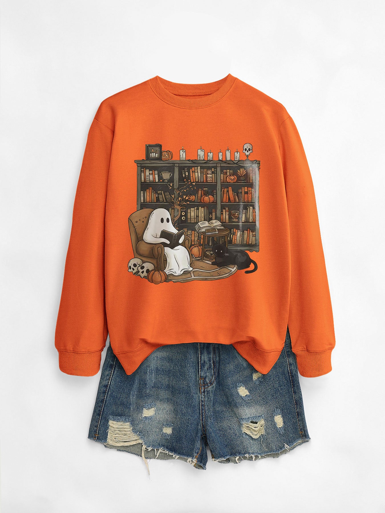 Printed Bookshelf Ghost Black Cat Round Neck Sweater
