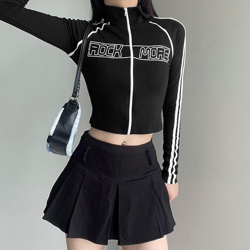 Reverslynlås Kontrastfarvet Fletværk Syning Langærmet Sweater Basic Slim Fit Hot Girl Bogstav Efterår Vinter Jakke