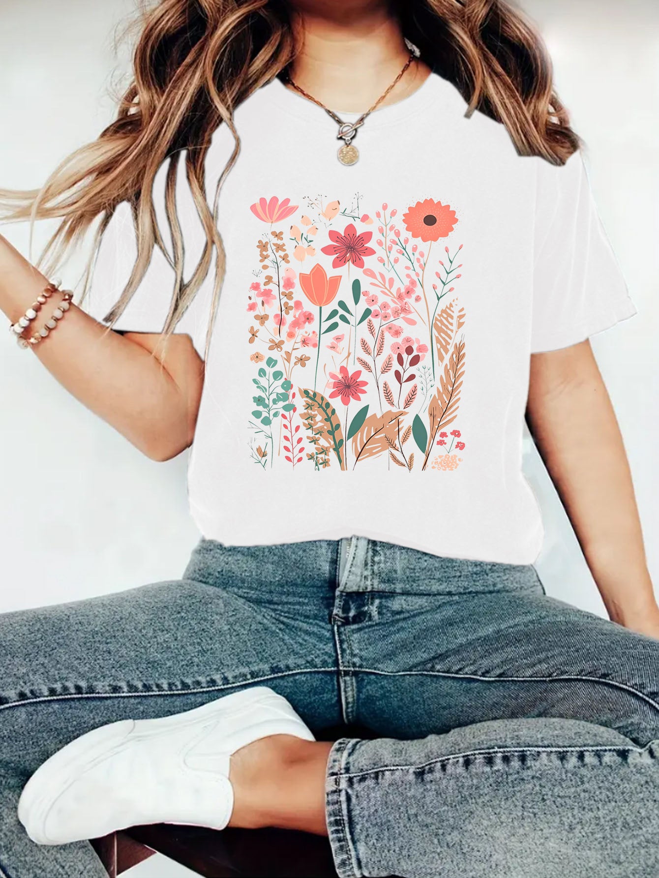 European And American Summer Women's Plant Flower Graphic Print Crew Neck Short Sleeve