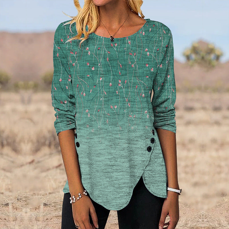 Digital Retro Printed Button Irregular Hem Round Neck Long Sleeve 3D