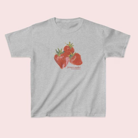 Kortærmet Street Casual T-shirt Top med Jordbærprint og Rund Hals