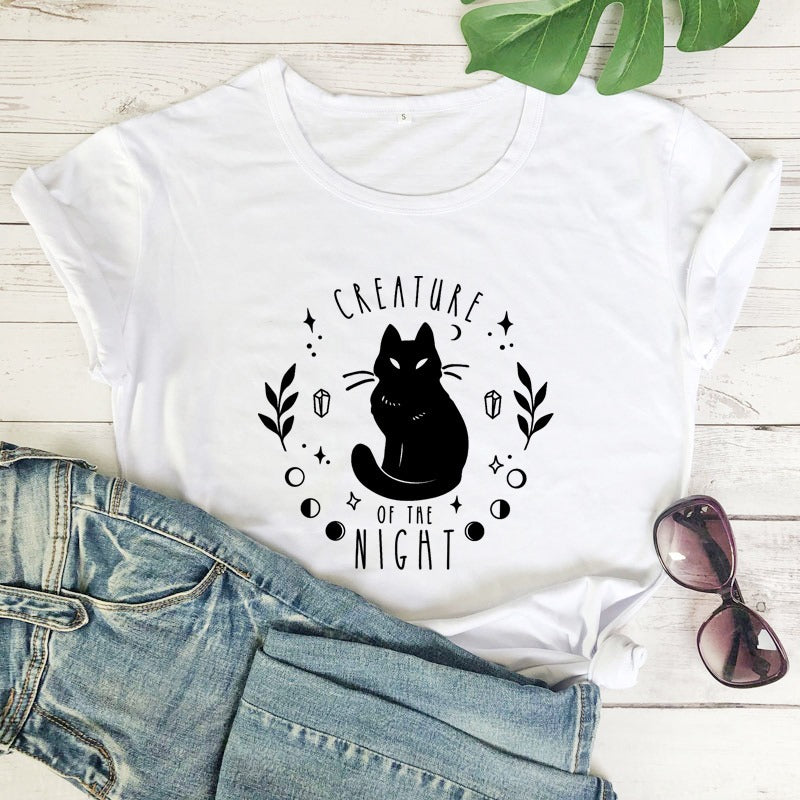 Women's Black Cat Alphabet Print T-Shirt
