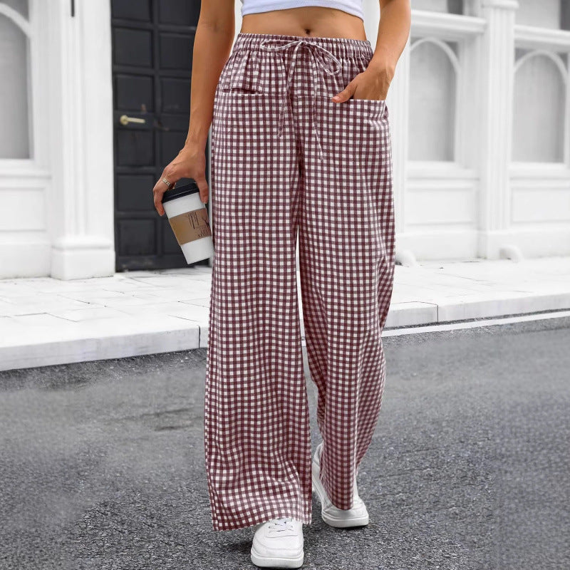 High-waisted Wide-leg Plaid Drawstring Loungeleisure Pants