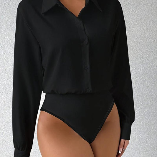New Button Front Long Sleeve Jumpsuit Elegant Solid Color