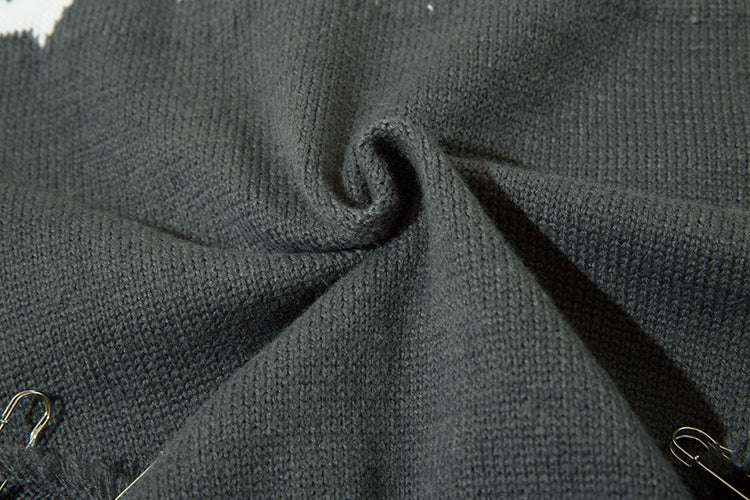 Fake Two-piece Color Matching Turtleneck Letter Cut Ripped Sweater