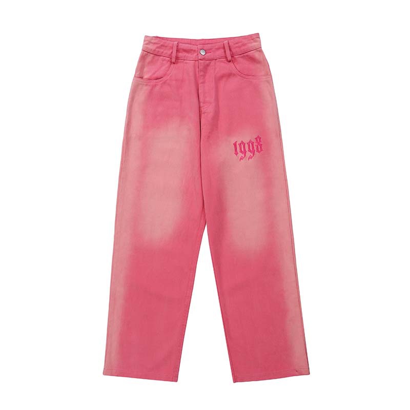 High Street Gradient Frayed White Letter Embroidered Jeans Men's Style