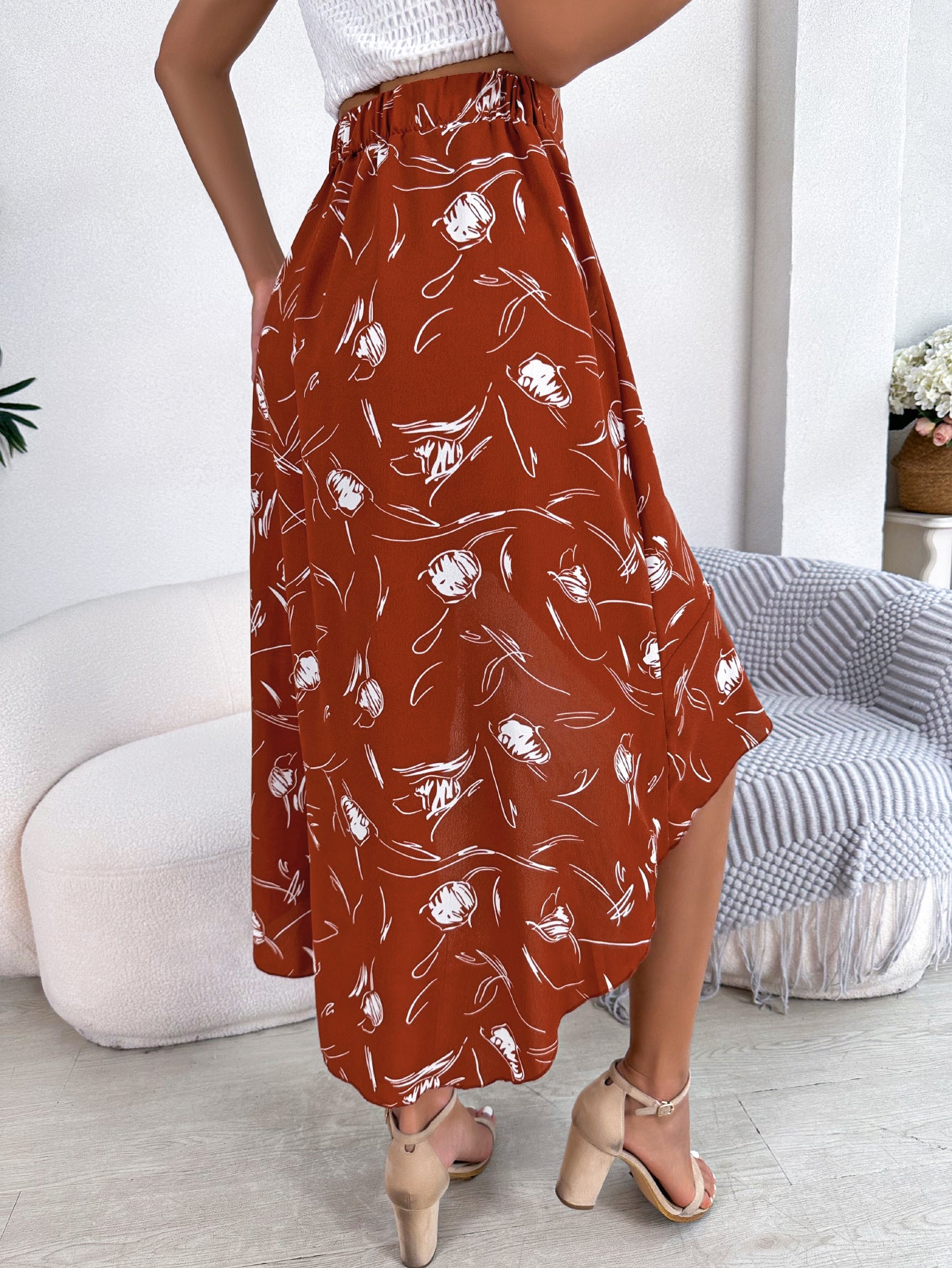 Women  Casual Floral Print Asymmetric Ruffle Midi Skirt