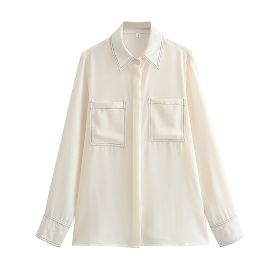 Fashion Versatile Casual Color-blocking Topstitch Decorated Shirt For Women