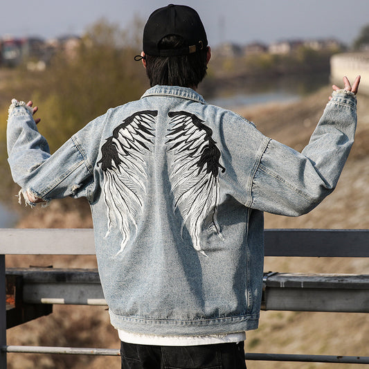 Wings Three-dimensional Embroidery Broken Holes Washed Youth Fashion Trend Denim Clothes