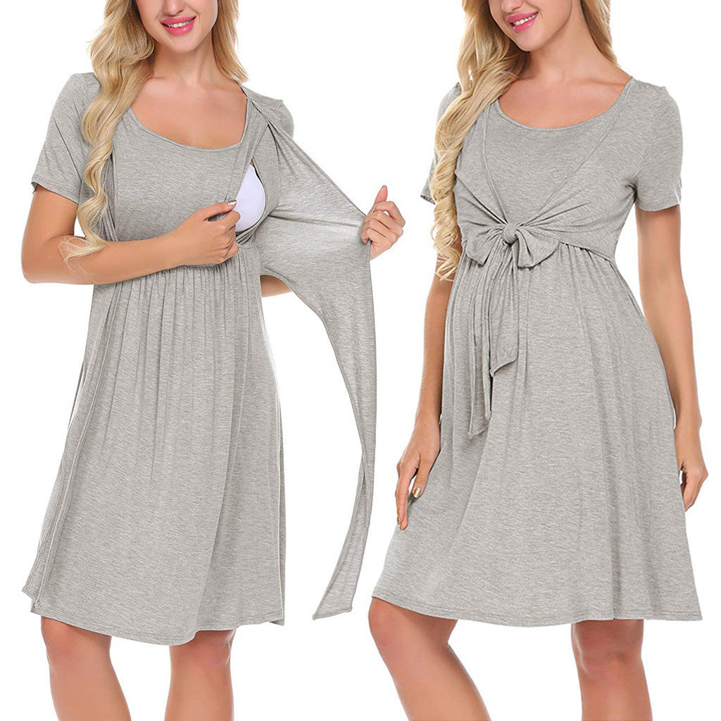 Womens Solid-Color Casual Loose Round-Neck Nursing Dress