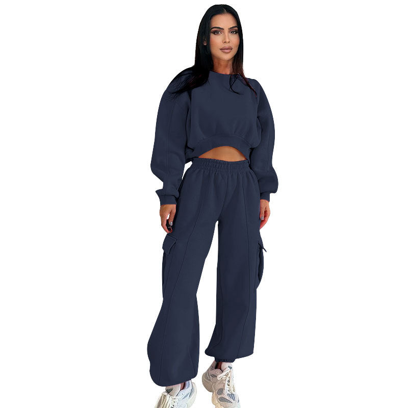 Europæisk og amerikansk efterårsny rundhalset højtaljet sweater og løse joggingbukser med lommer