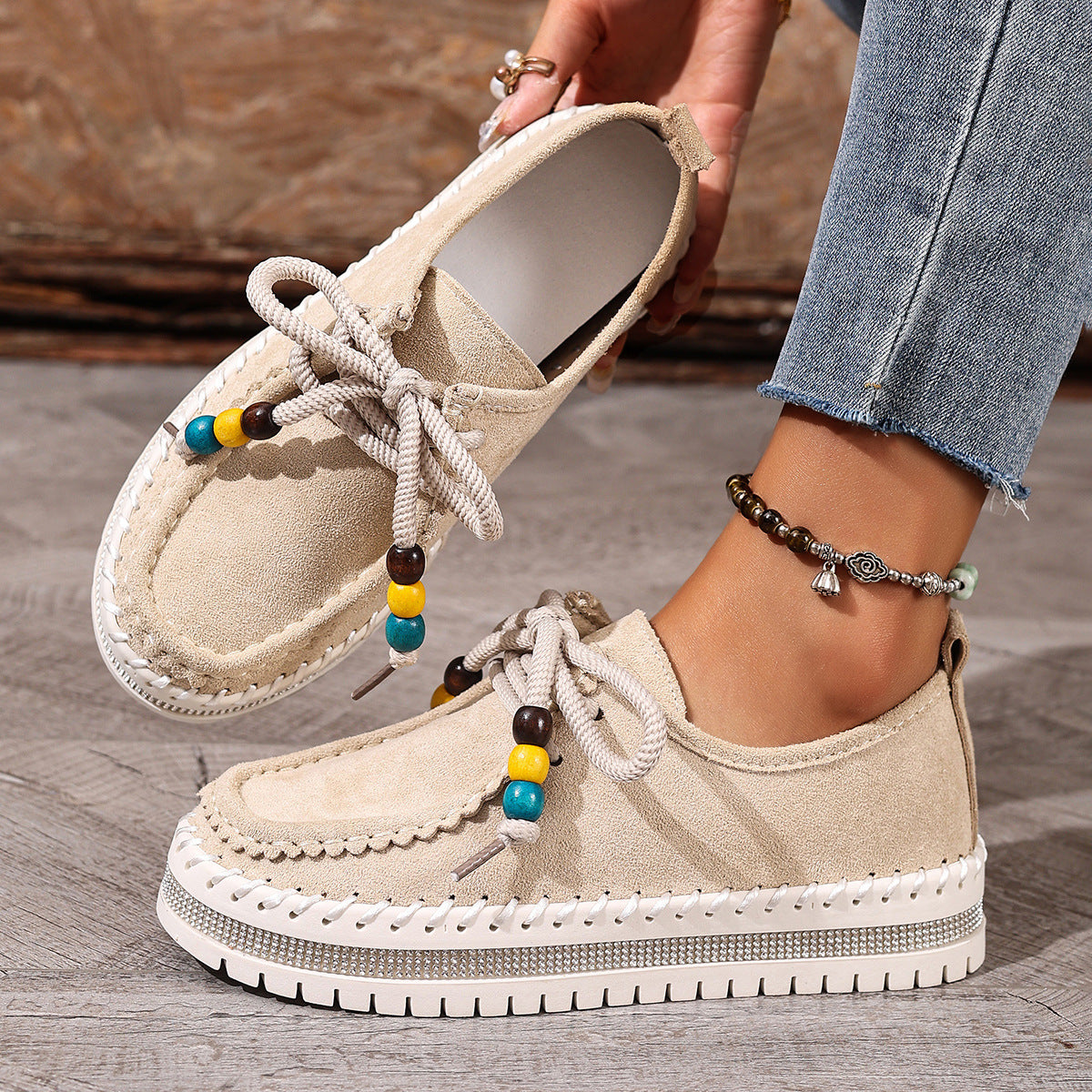Retro Full-covered Thick-soled Women's Flats Soft-bottom Bean Shoes
