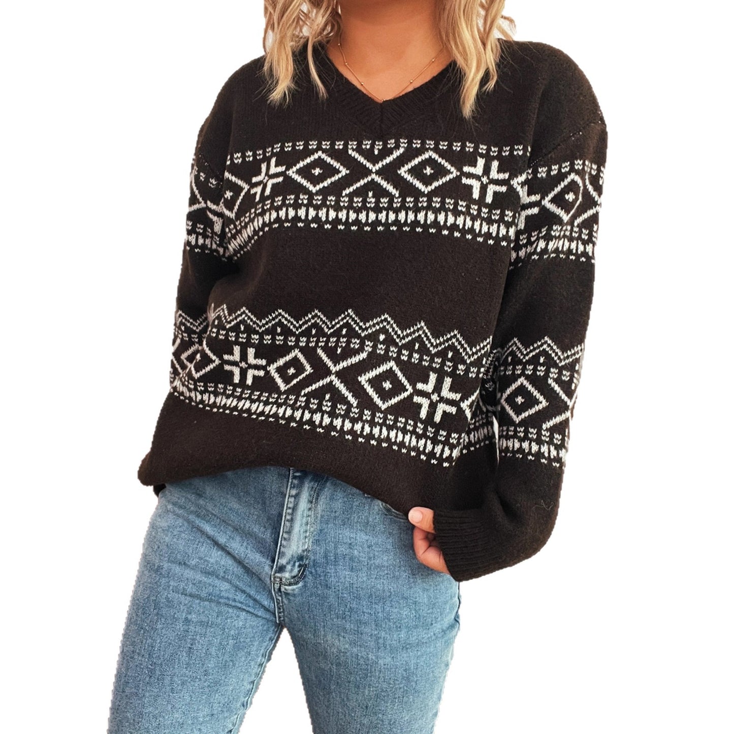 Vintage Pattern Jacquard V-neck Long Sleeve Knitted Women's Sweater
