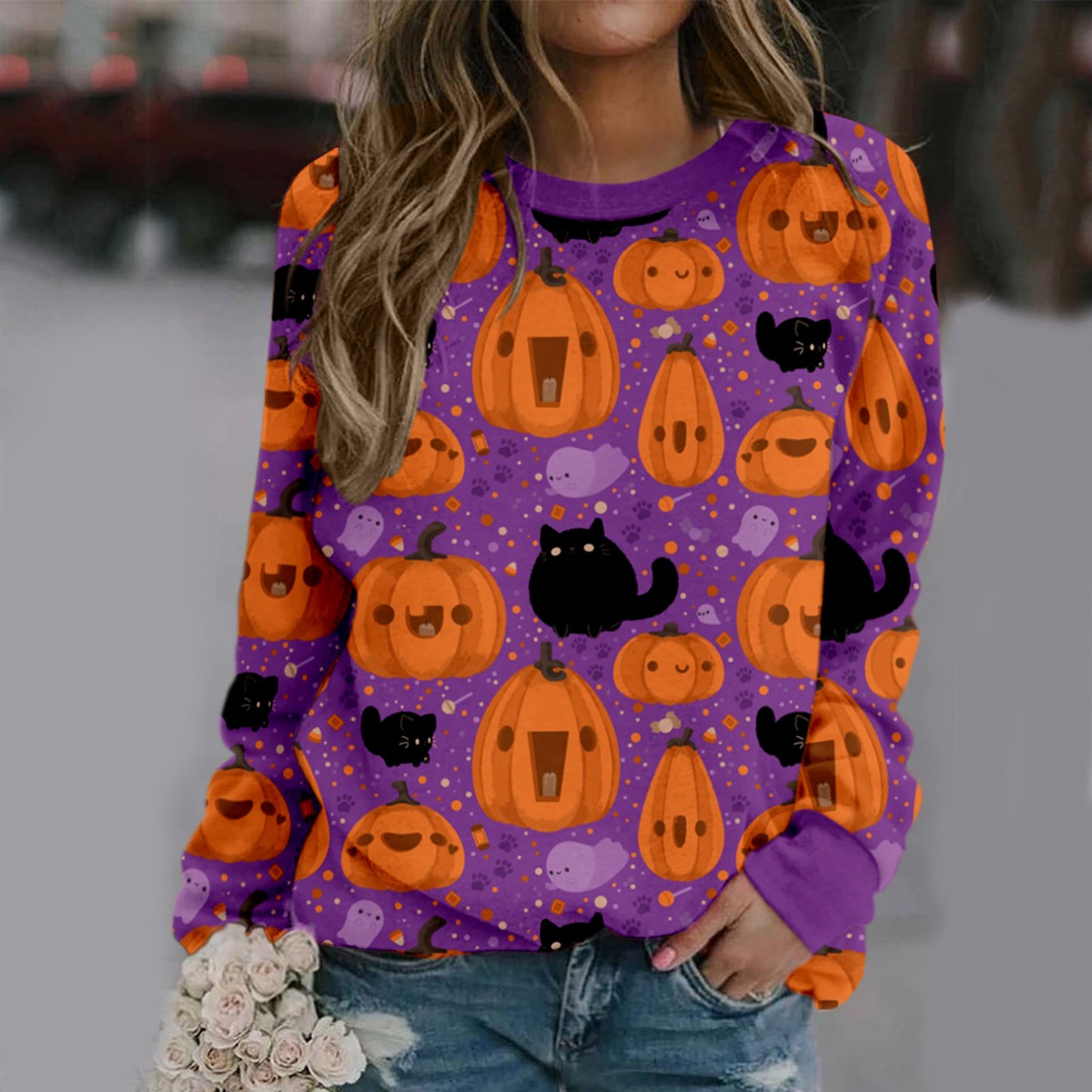 Halloween kvinders trykte behagelige langærmede sweater med rund hals