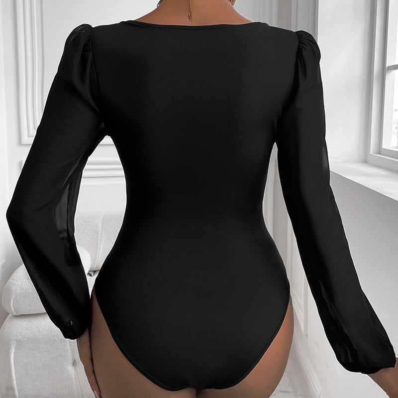 Mesh-jumpsuit til damer med V-udskæring og patchwork