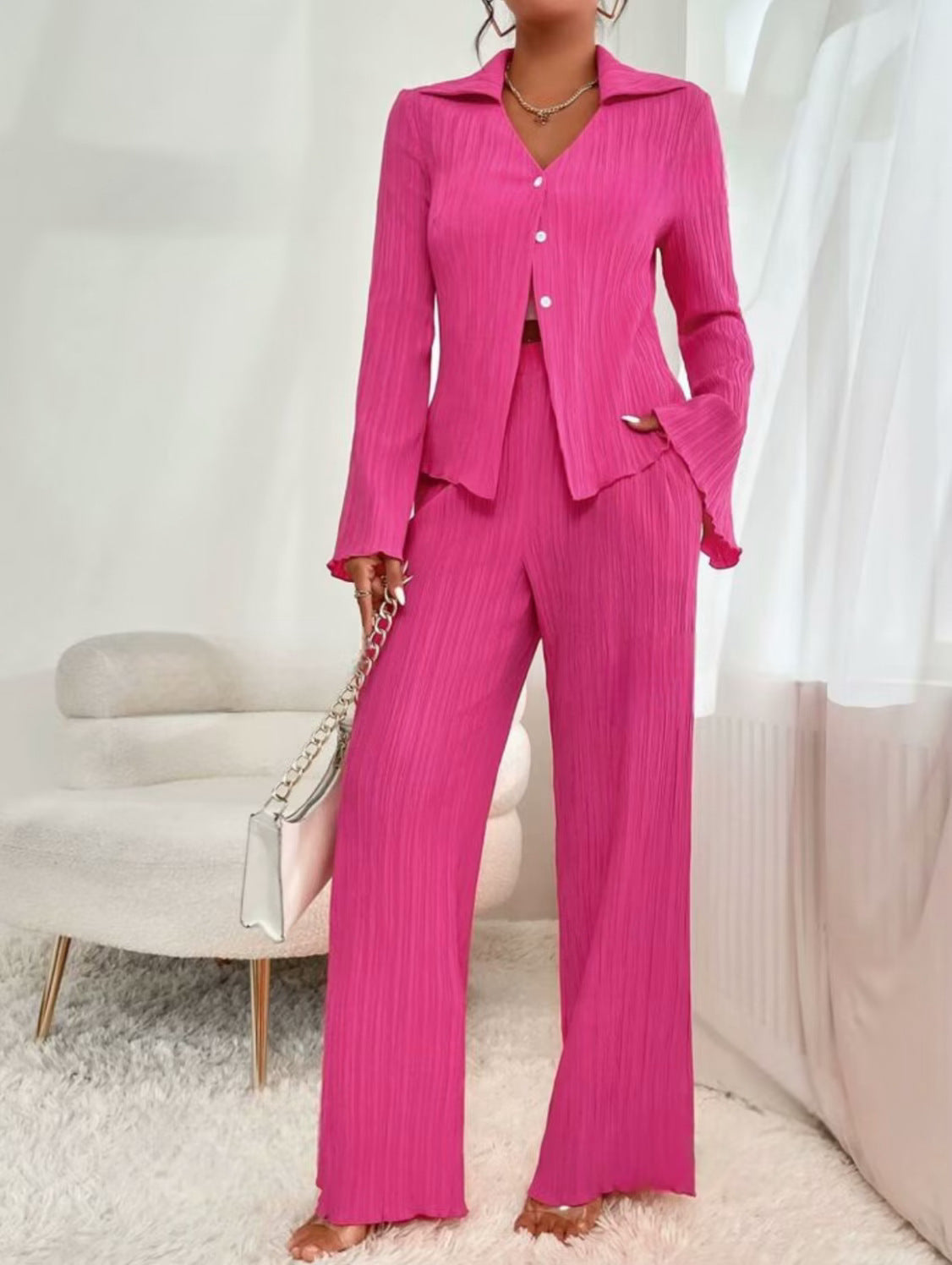 Solid-color Pleated Fashion Long-sleeve Shirt And Wide-leg Pants Casual Set