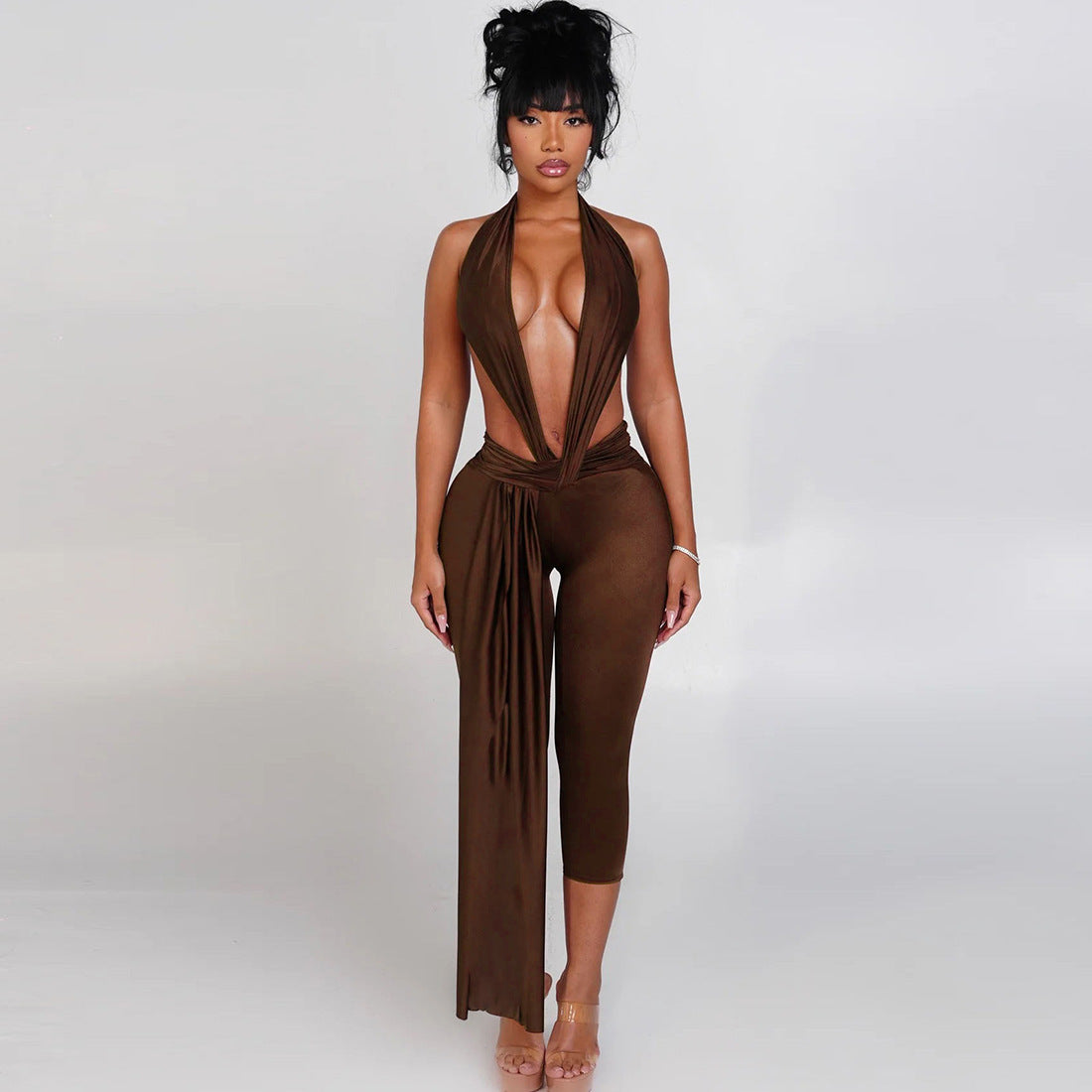 Solid-Color Sexy Chic Sleeveless Halterneck Backless Bodycon Jumpsuit