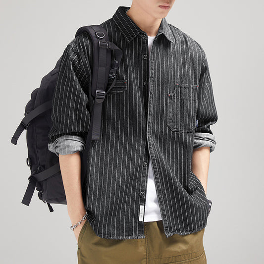 Men's Striped Denim Shirt Long Sleeve Japanese-style Retro