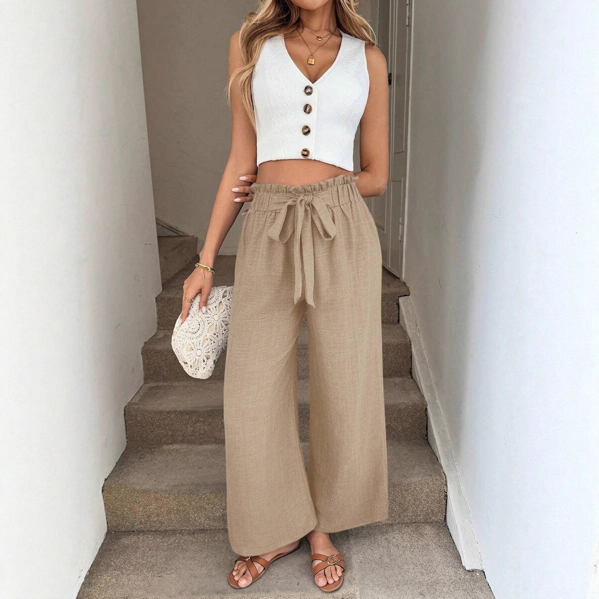 Bow-tie Waistband Casual Resort Flowy Pants
