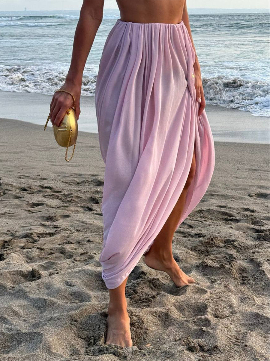 New Stylish Street-Ready Tulip Pleated Draped Split Midi Skirt