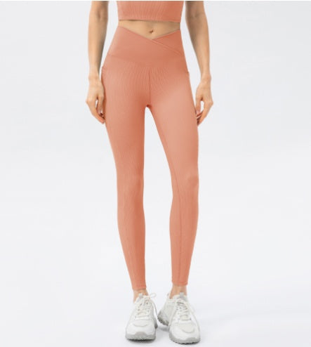Cross Waist Hips Print Solid Color High Waist Bottoming Yoga Pants