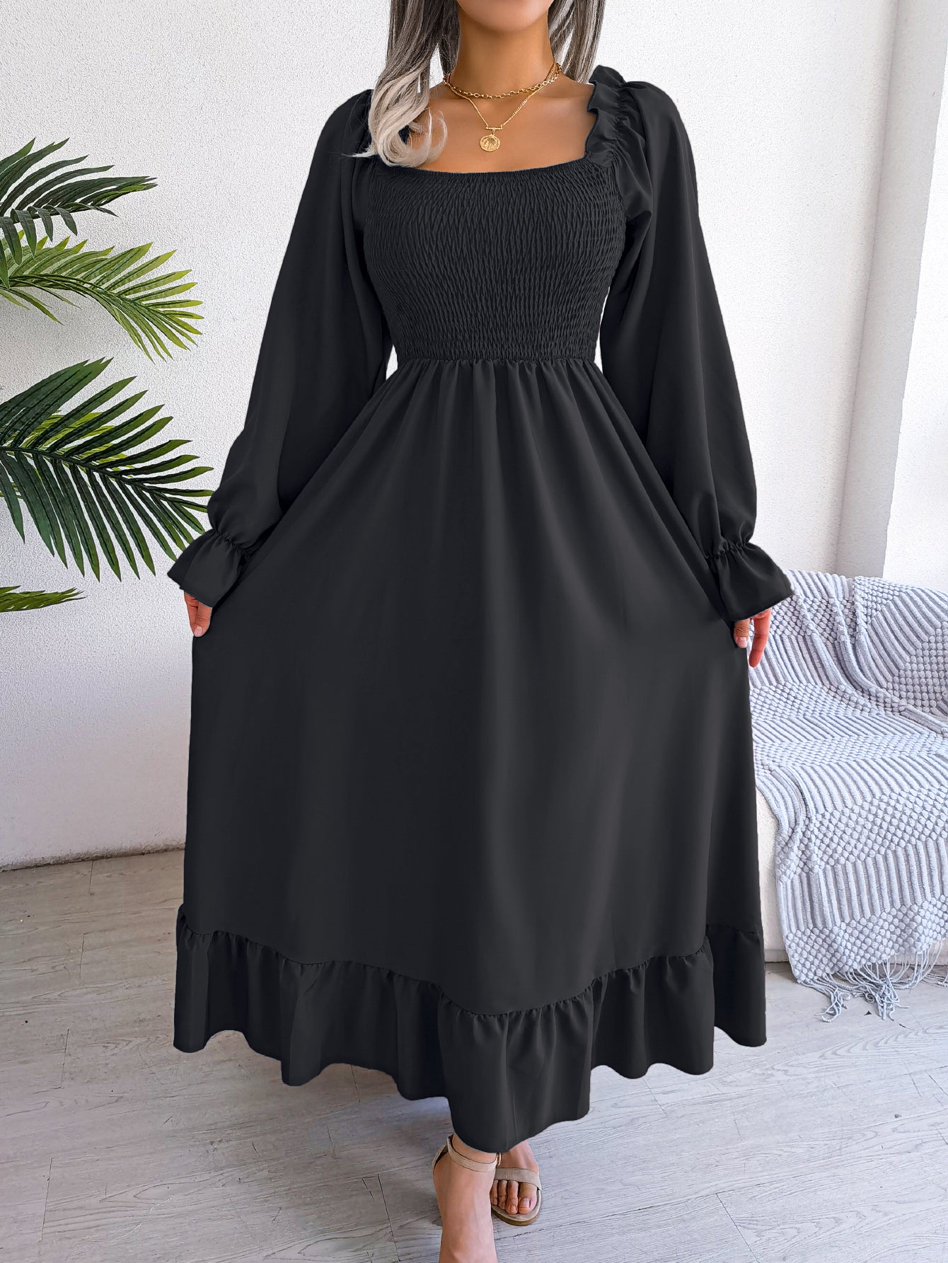 Women's Casual Square Neck Bell Sleeve Flowy Ruffle Maxi Dress