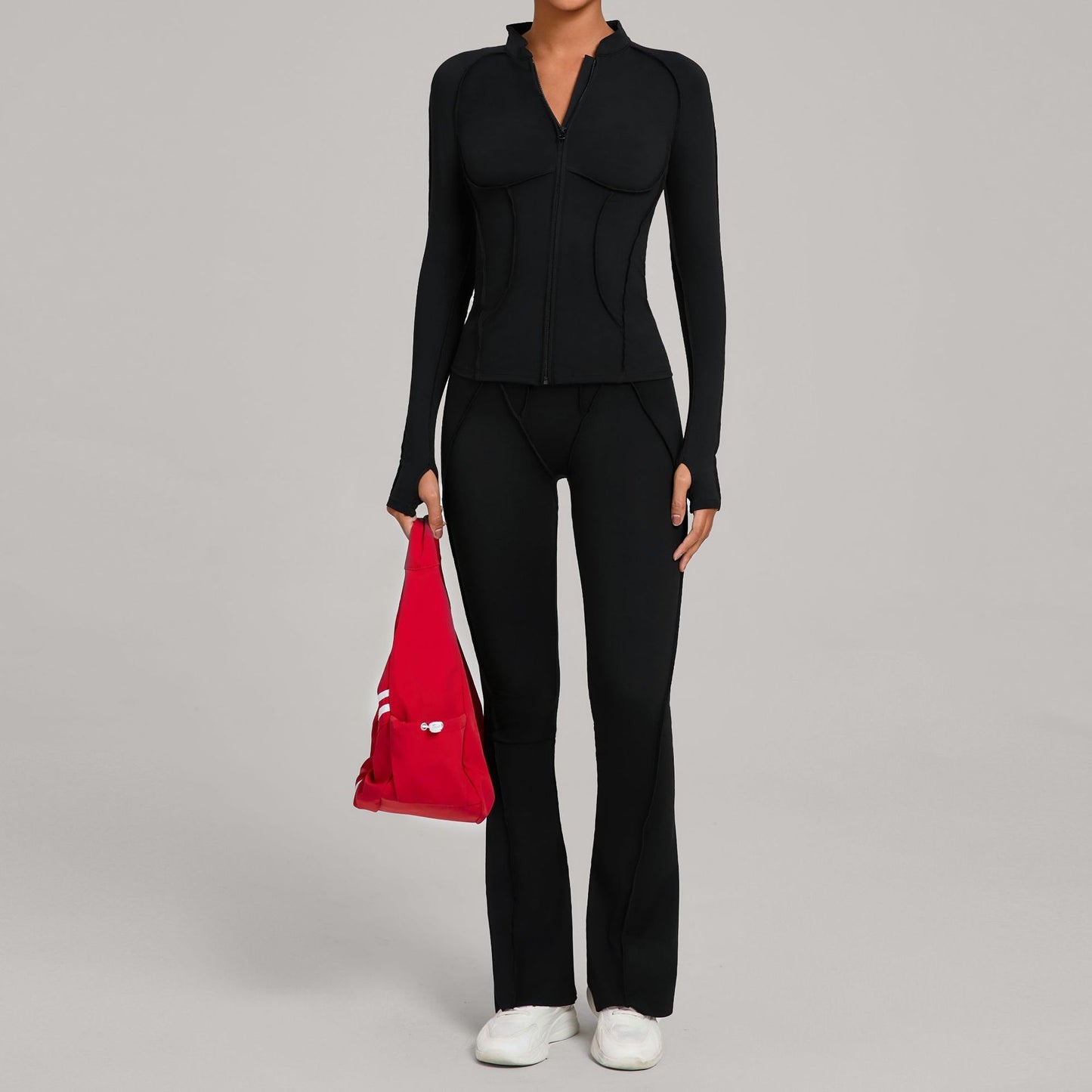 Womens Patchwork Zip Up Long Sleeve Top And Pants Set