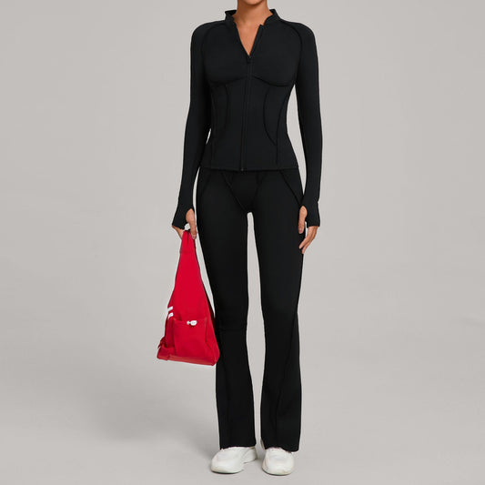 Womens Patchwork Zip Up Long Sleeve Top And Pants Set
