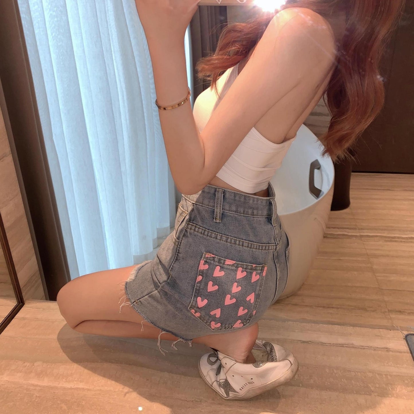 High-waisted Denim Shorts With Irregular Raw Edges