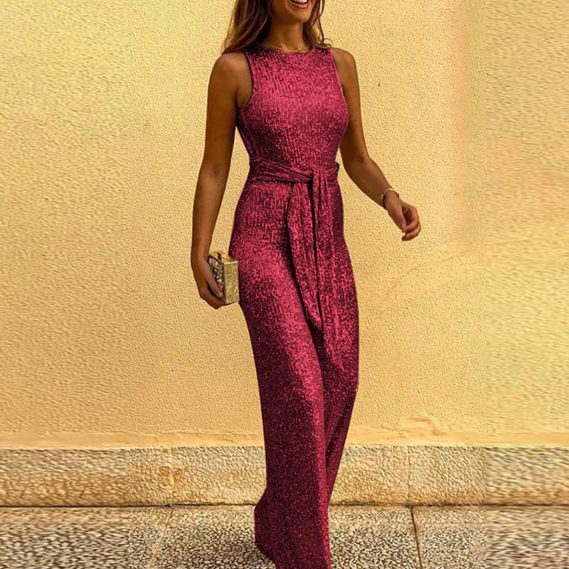 Womens Silver-spotted Sleeveless Personality Jumpsuit With A Round Neckline