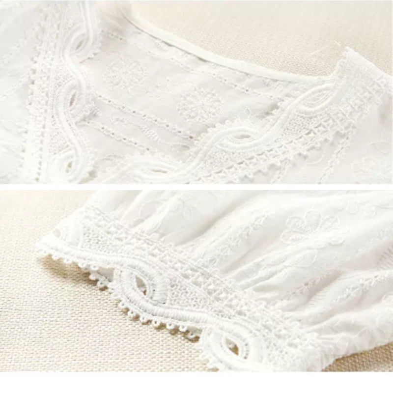 V-neck Lace Lantern Sleeve White Foreign Style Shirt