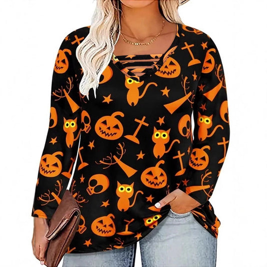 Digitaltrykt Halloween Langærmet Rundhalset T-shirt i Store Størrelser