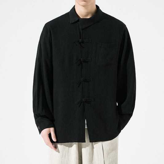 Vintage Linen Men's Casual Long-sleeved Shirt Oversized Frog Button Hanfu