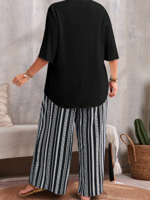 Plus-size Solid-color V-neck Short-sleeve Top And All-print Pants Set