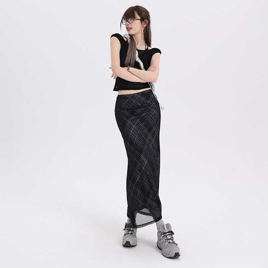 Plaid Stretch Tulle Straight Dress