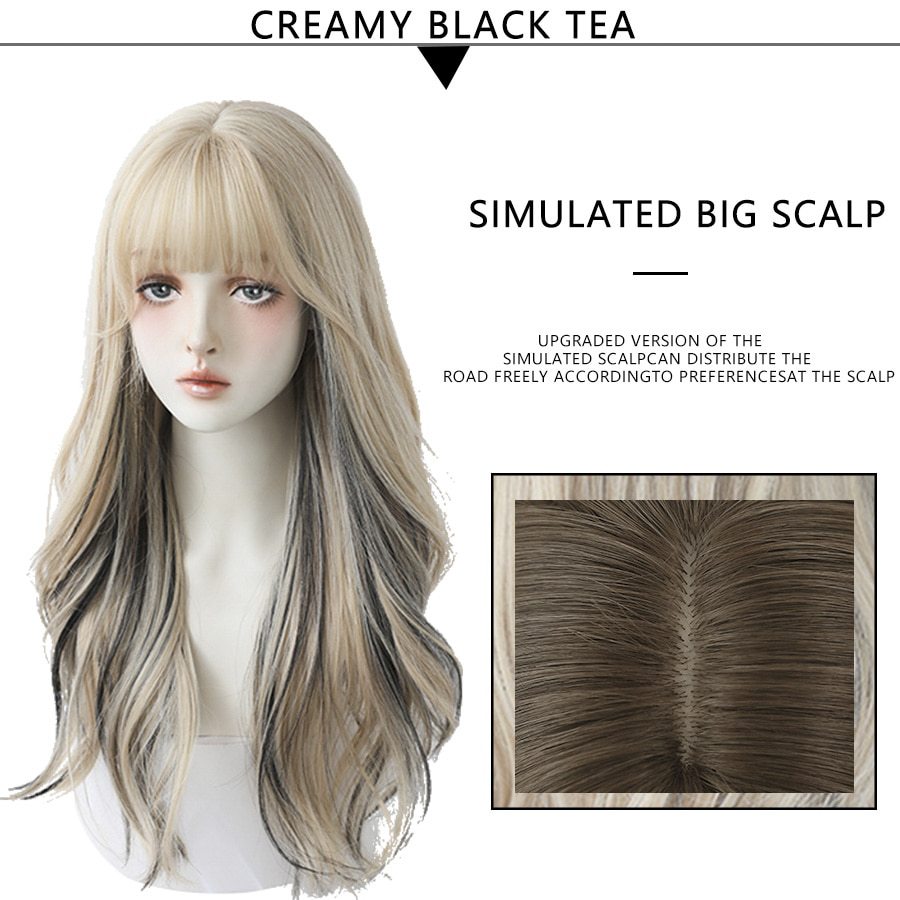 Long Wavy Curly Black Blonde Highlights Synthetic Mixed Wig Head Cover