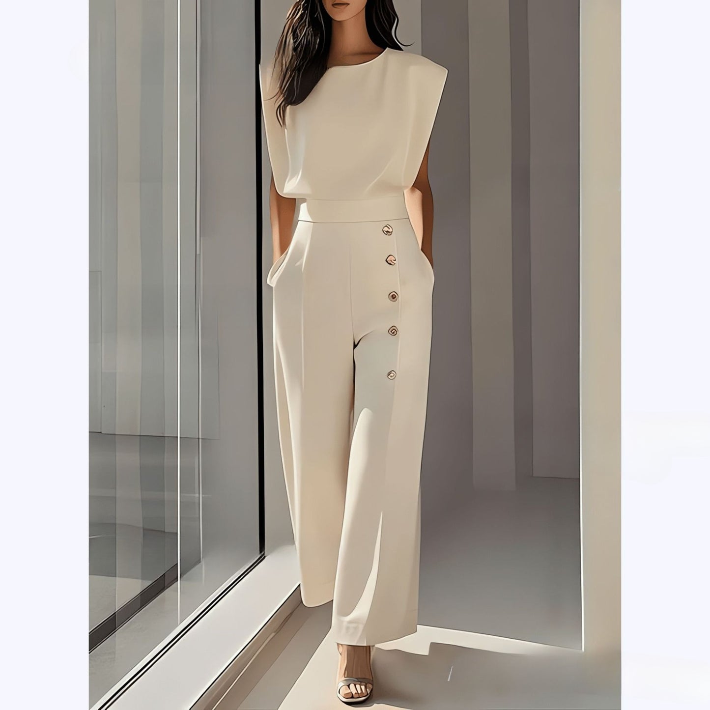 Elegant Mature-style Solid-color Body Pants With A Cinched Waist And Buttons