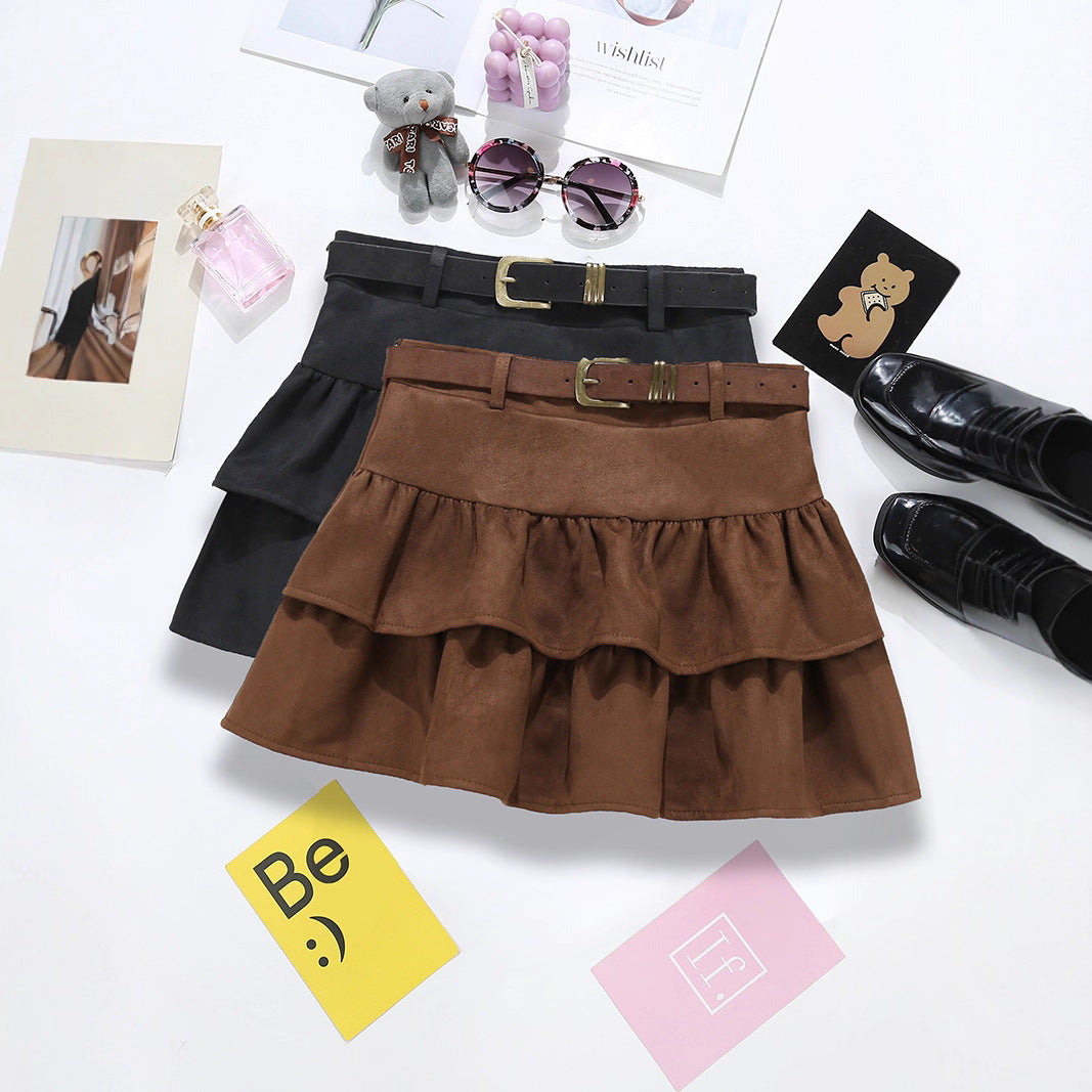 Brown Suede Cake Skirt For Women