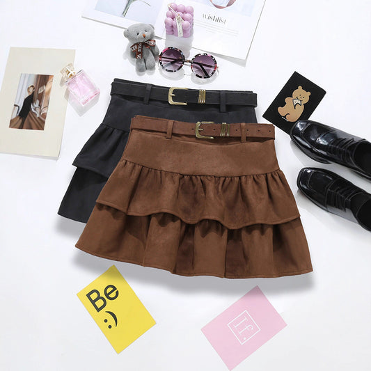 Brown Suede Cake Skirt For Women