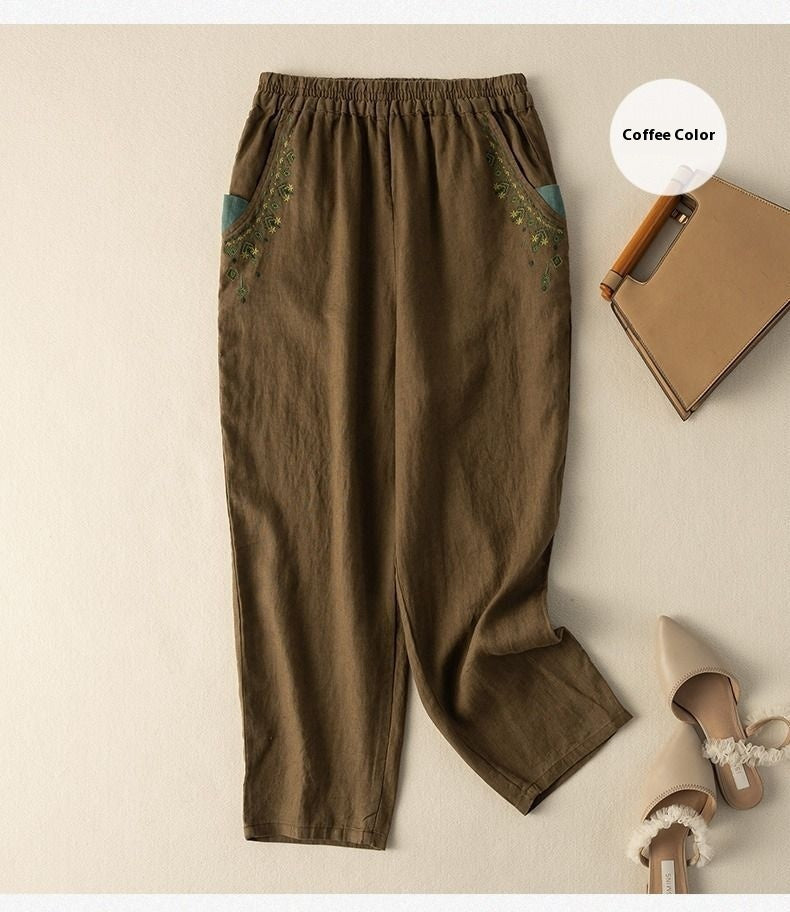 Cotton And Linen Embroidery Baggy Pants Pocket Loose All-matching