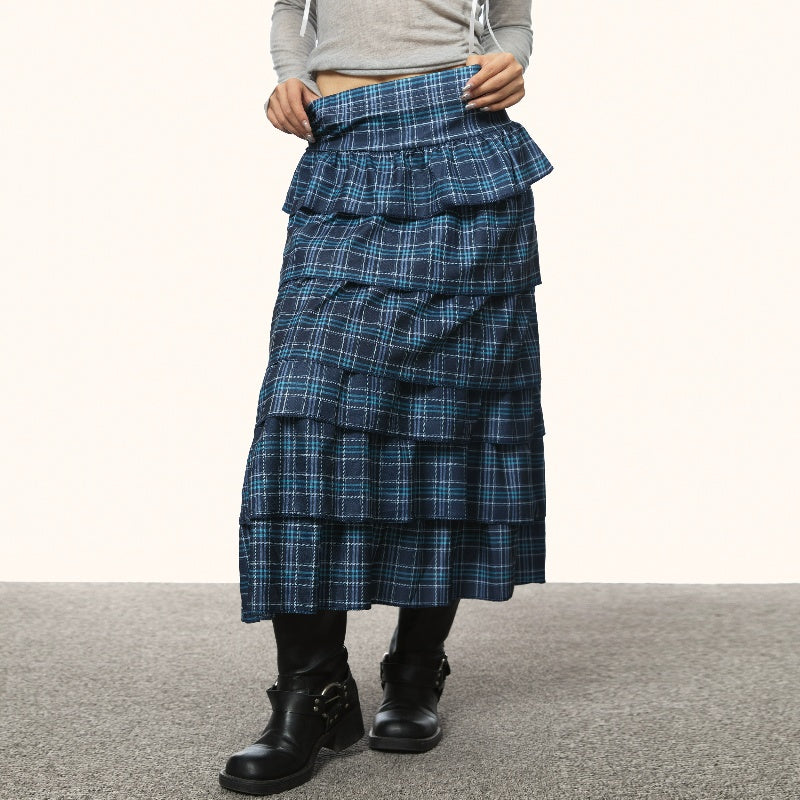 Retro Blue Plaid Cake Dress Women's Summer