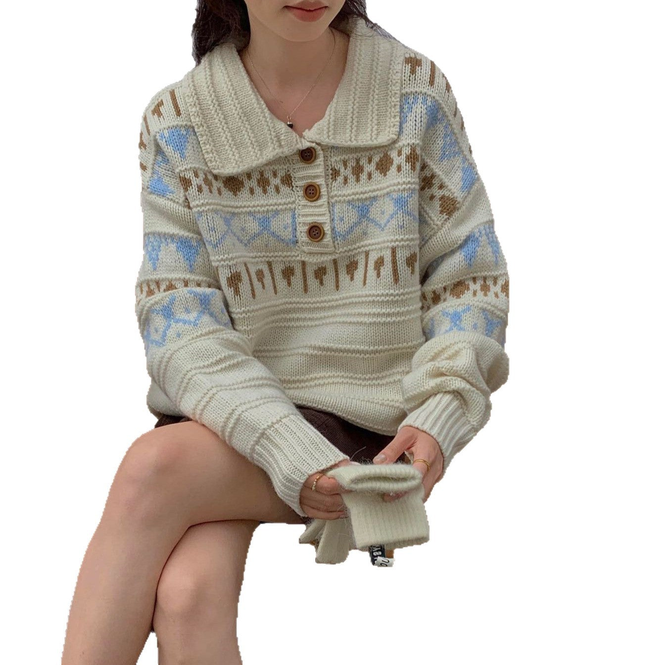 Fair Isle Jacquard Soft Long Sleeve Knit Sweater Coat