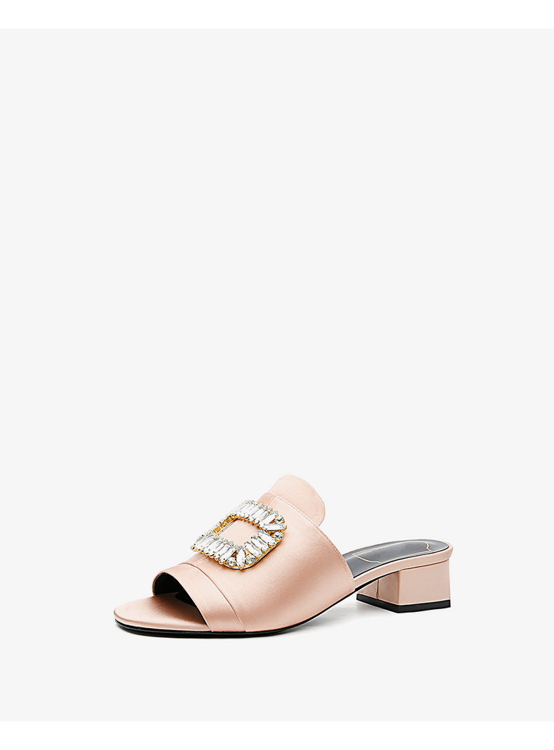 Women Sexy Open-toed Rhinestone Square Buckle Thick Heel Fashion Slippers