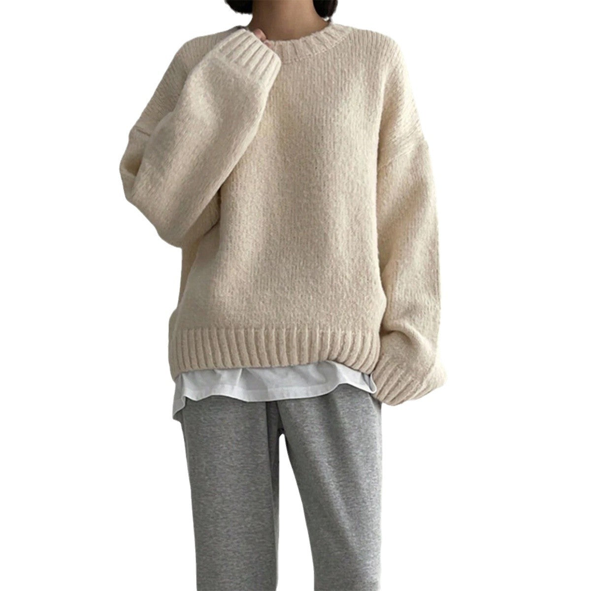 Versatile Round Neck Thickened Solid Color Sweater Pullover Long Sleeve