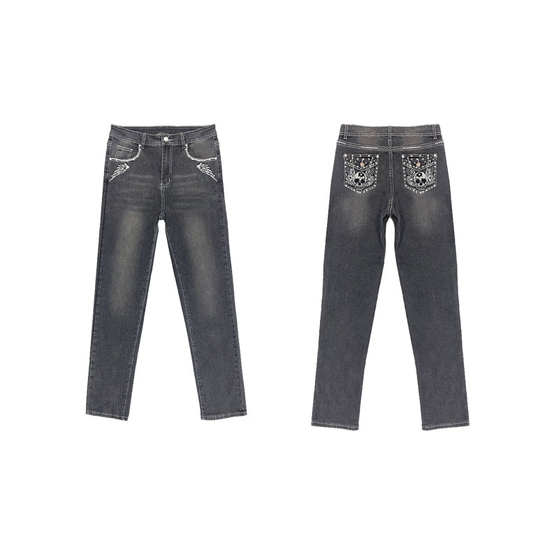 New Retro Embroidered Skull High Waist Slim Jeans Women