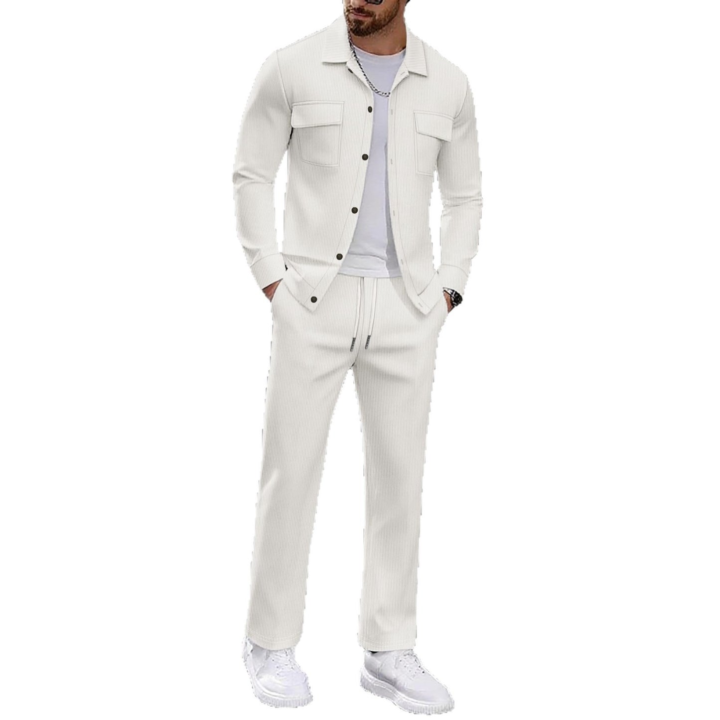 Two-piece Set Featuring A Button-up Collar Long Sleeves And Long Pants