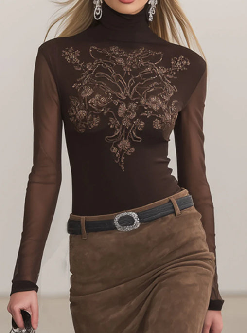 High-neck Embroidered Long-sleeved T-shirt And Faux Suede Tassel Skirt Set