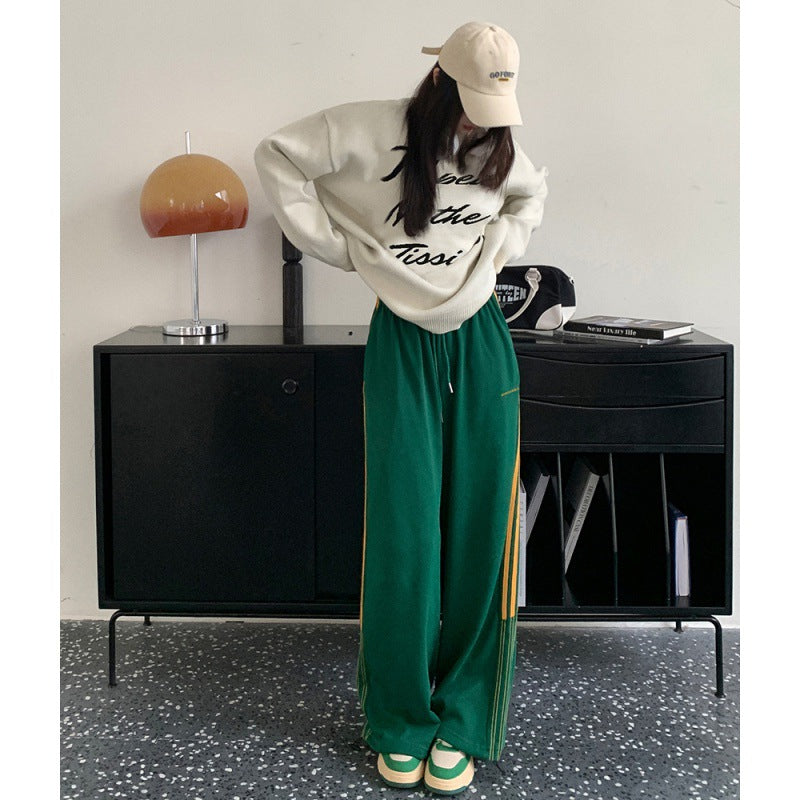 Green Mopping Wide Leg Stripes With A Loose And Drooping Feel