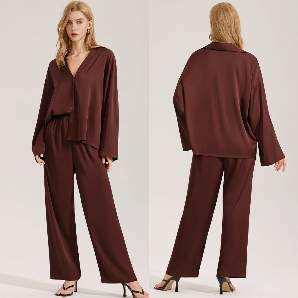 Womens Chiffon Pajamas Casual Long Sleeve Loungewear Set